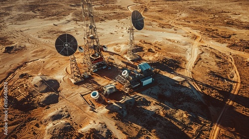 Technology Meets Wilderness: Aerial View of Satellite Dishes and Communications Tower in Barren Terrain