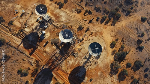 Technology Meets Wilderness: Aerial View of Satellite Dishes and Communications Tower in Barren Terrain