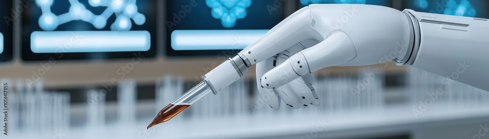 Naklejka premium A robotic hand delicately holding a syringe in a futuristic laboratory setting, showcasing advancements in technology and medicine.