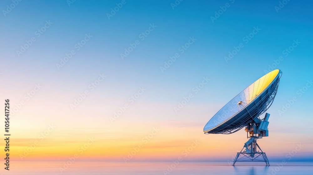 A satellite dish against a vibrant sunset sky, showcasing technology and communication in a serene landscape. A satellite dish against a vibrant sunset sky, showcasing technology and communication in a serene landscape.