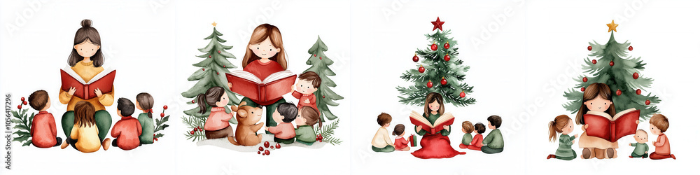 A festive scene depicting women and children surrounded by Christmas trees, reading stories, and enjoying seasonal cheer together. A festive scene depicting women and children surrounded by Christmas trees, reading stories, and enjoying seasonal cheer together.