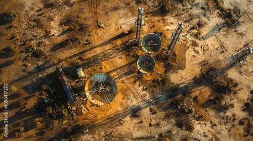 Remote Connectivity: Aerial Perspective of Satellite Dishes Beneath a Communications Tower in the Outback