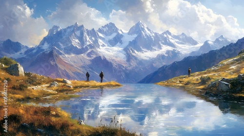 Amazing view on Monte Bianco mountains range with tourist on a foreground. Lac de Cheserys lake, Chamonix, Graian Alps. Landscape photography. 