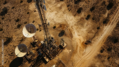 Remote Connectivity: Aerial Perspective of Satellite Dishes Beneath a Communications Tower in the Outback