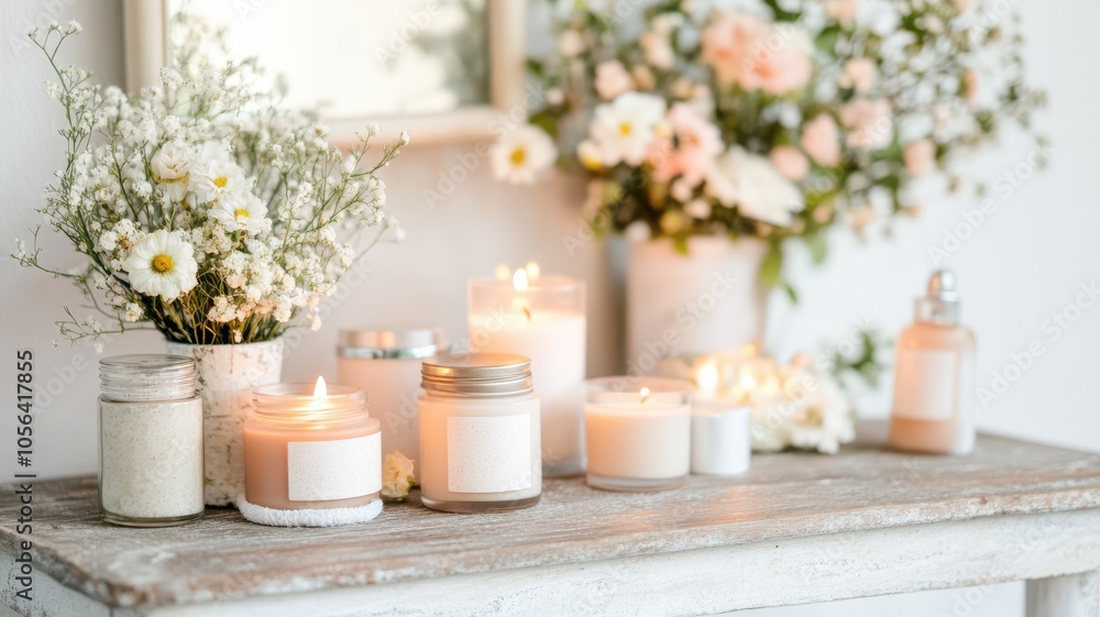 A serene display of candles and fresh flowers, creating a calming atmosphere perfect for relaxation and tranquility. A serene display of candles and fresh flowers, creating a calming atmosphere perfect for relaxation and tranquility.