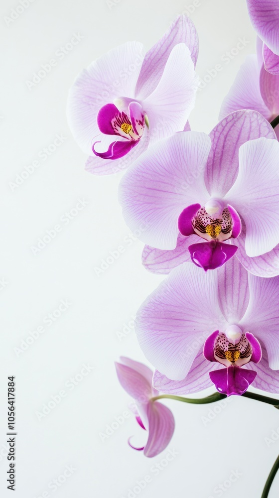 A close-up of delicate pink orchids against a white background, showcasing their beauty. A close-up of delicate pink orchids against a white background, showcasing their beauty.