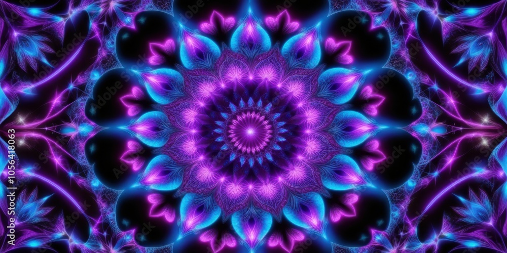 Kaleidoscopic mandala, psychedelic pattern, vibrant purple and blue, fractal design, concentric circles, symmetrical floral shapes, glowing neon elements, intricate details, hypnotic effect, digital a Kaleidoscopic mandala, psychedelic pattern, vibrant purple and blue, fractal design, concentric circles, symmetrical floral shapes, glowing neon elements, intricate details, hypnotic effect, digital a