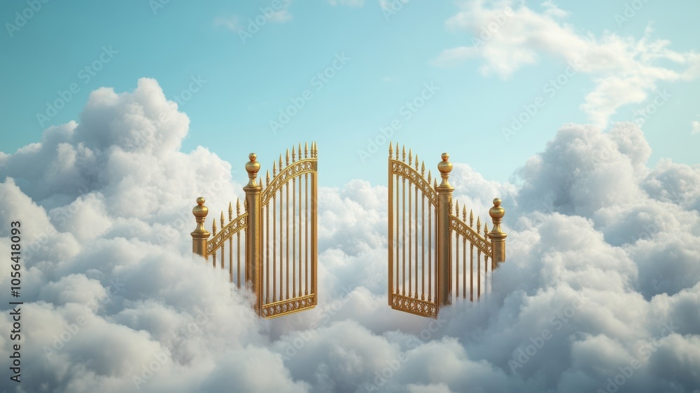 Fototapeta premium A serene image of golden gates opening into a heavenly realm, surrounded by soft clouds and a bright blue sky.