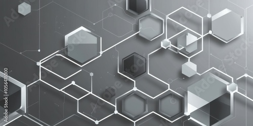 Hexagonal molecular structure, 3D geometric shapes, abstract scientific background, gray and white color scheme, interconnected nodes, futuristic network visualization, honeycomb pattern, clean minima