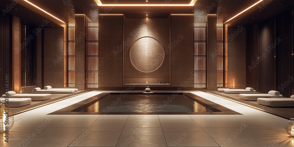 A large, empty swimming pool with a stone wall surrounding it. The pool is illuminated by lights, giving it a warm and inviting atmosphere A large, empty swimming pool with a stone wall surrounding it. The pool is illuminated by lights, giving it a warm and inviting atmosphere