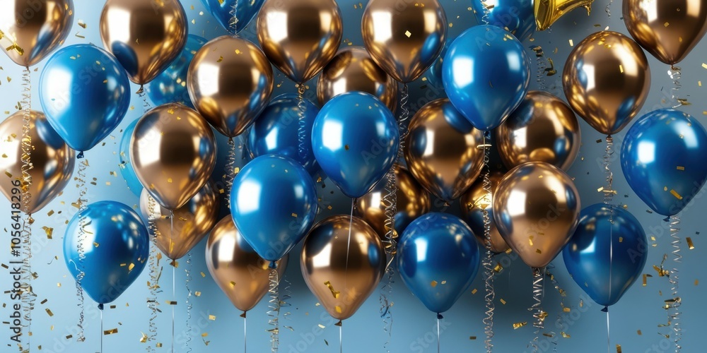 Glossy balloons, blue and gold metallic spheres, festive party decorations, shiny reflective surfaces, confetti background, celebration atmosphere, 3D rendering, high detail, studio lighting, elegant 