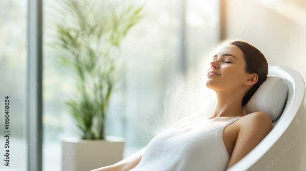 A serene moment of relaxation, showcasing a woman enjoying peace in a bright, calming space filled with natural light.