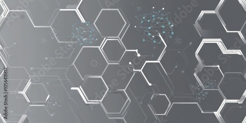 Hexagonal molecular structure, 3D geometric shapes, abstract scientific background, gray and white color scheme, interconnected nodes, futuristic network visualization, honeycomb pattern, clean minima