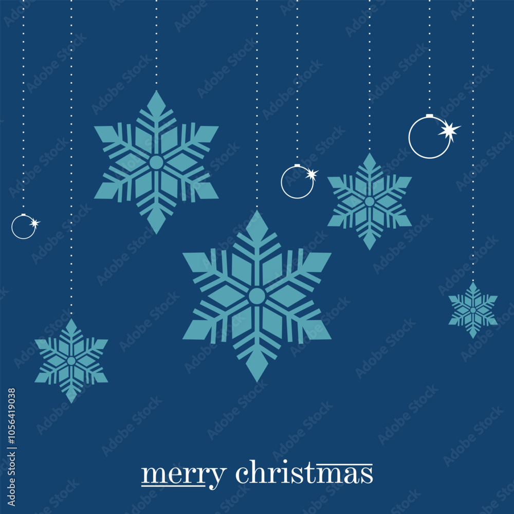 Fototapeta premium Merry Christmas card template. Vector art with blue background. Snowflakes.