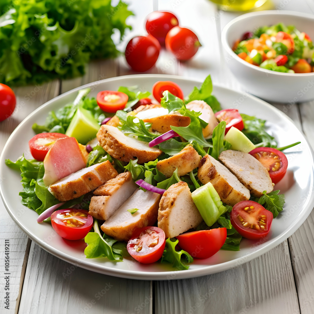 chicken salad with vegetables on the table on whit background chicken salad with vegetables on the table on whit background