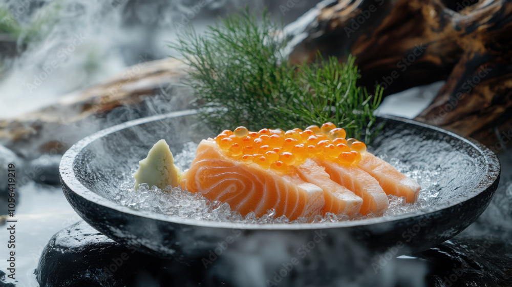 Fresh salmon sashimi garnished with vibrant orange roe and wasabi, beautifully presented on bed of ice. dish is surrounded by serene, misty atmosphere, enhancing its appeal Fresh salmon sashimi garnished with vibrant orange roe and wasabi, beautifully presented on bed of ice. dish is surrounded by serene, misty atmosphere, enhancing its appeal