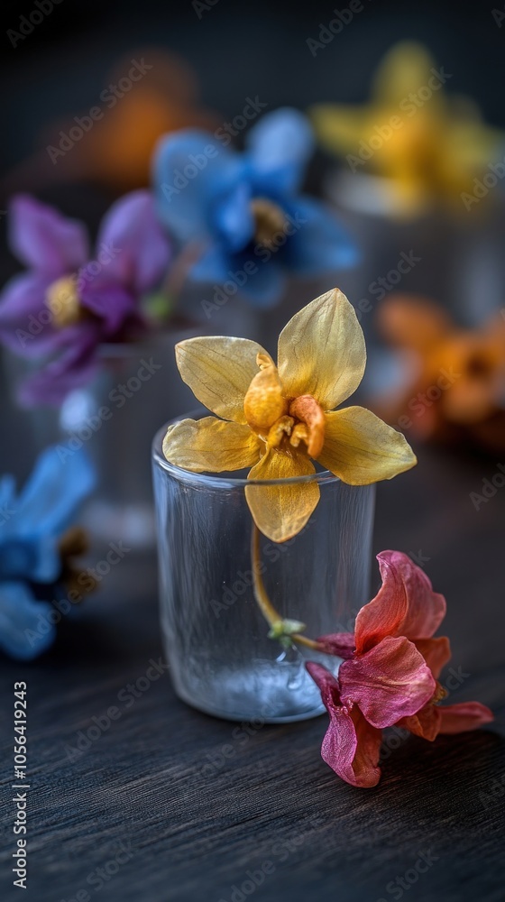 A vibrant arrangement of colorful flowers in small glass containers on a wooden surface. A vibrant arrangement of colorful flowers in small glass containers on a wooden surface.