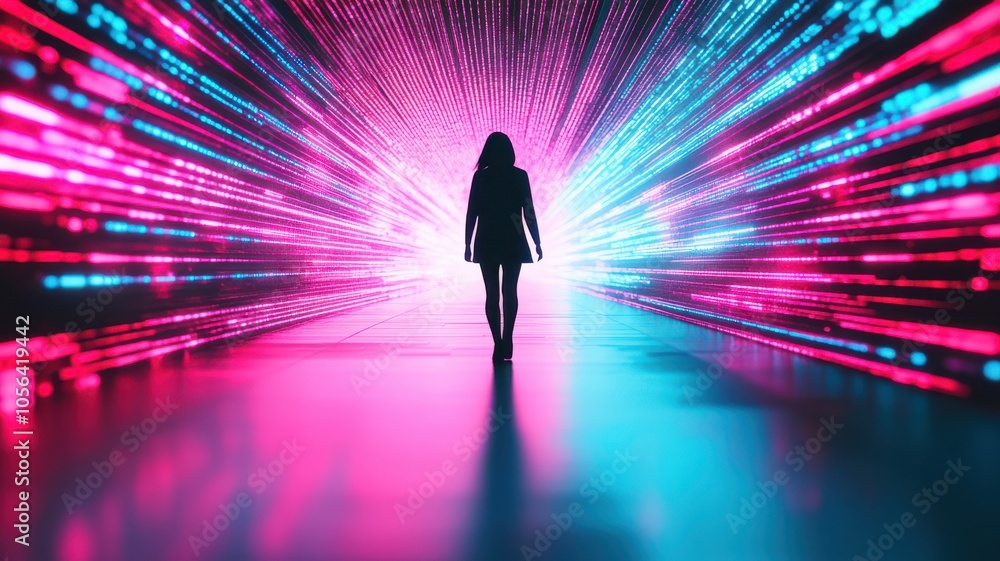 A silhouette of a woman standing in a vibrant, neon light corridor, creating a captivating and dynamic atmosphere. A silhouette of a woman standing in a vibrant, neon light corridor, creating a captivating and dynamic atmosphere.