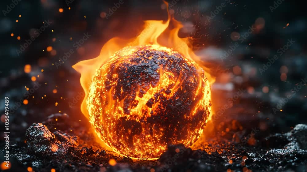 A glowing molten sphere surrounded by flames and sparks on a dark surface. A glowing molten sphere surrounded by flames and sparks on a dark surface.