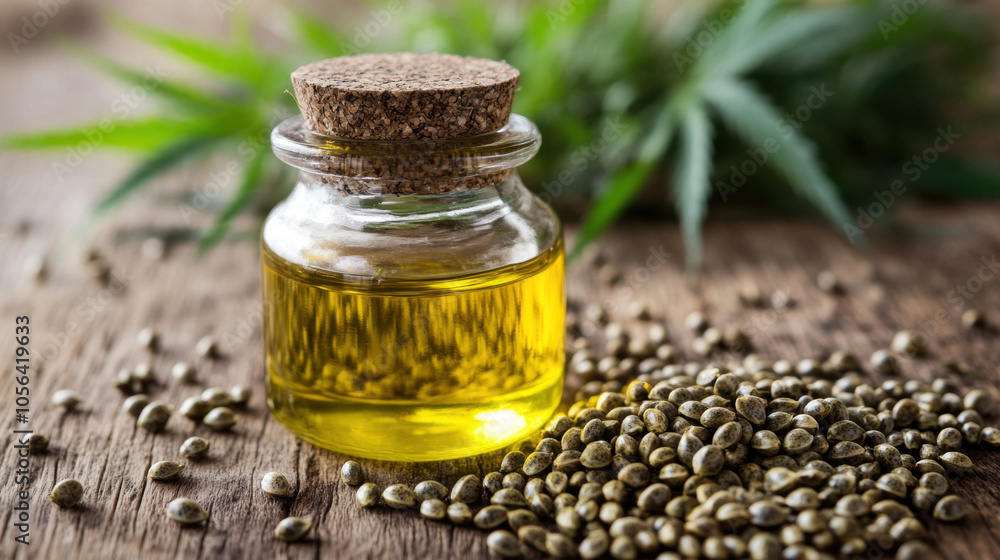 Hemp oil in glass jar surrounded by hemp seeds on wooden surface, with green hemp leaves in background, evokes natural and organic feel Hemp oil in glass jar surrounded by hemp seeds on wooden surface, with green hemp leaves in background, evokes natural and organic feel