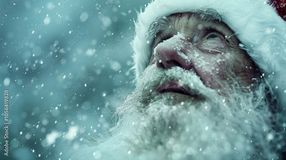Obraz premium Close-up of Santa Claus gazing up into snowy sky with wonder and nostalgia