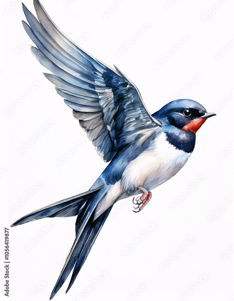 Fototapeta premium A barn swallow with blue-black wings and a red throat soars through the sky