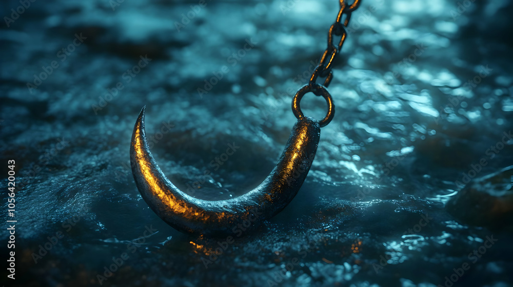Metal Hook and Chain Underwater 3D Illustration Metal Hook and Chain Underwater 3D Illustration