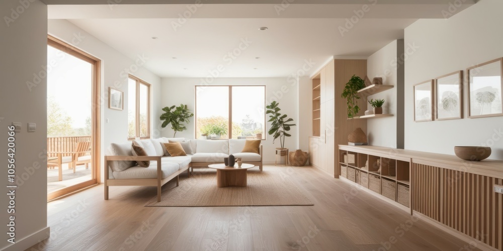 Scandinavian minimalist living room, bright natural light, large windows, wooden floors, white walls, neutral color palette, dining table, modern chairs, houseplants, built-in shelving, cozy seating a Scandinavian minimalist living room, bright natural light, large windows, wooden floors, white walls, neutral color palette, dining table, modern chairs, houseplants, built-in shelving, cozy seating a