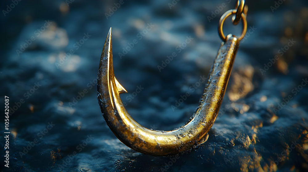 Golden Fishing Hook On A Blue Background Realistic Image Golden Fishing Hook On A Blue Background Realistic Image