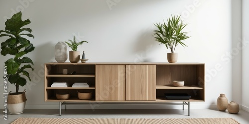 Modern wooden sideboard, minimalist living room, sleek metal legs, open shelving, decorative plants, abstract wall art, neutral tones, contemporary interior design, clean lines, mid-century modern inf