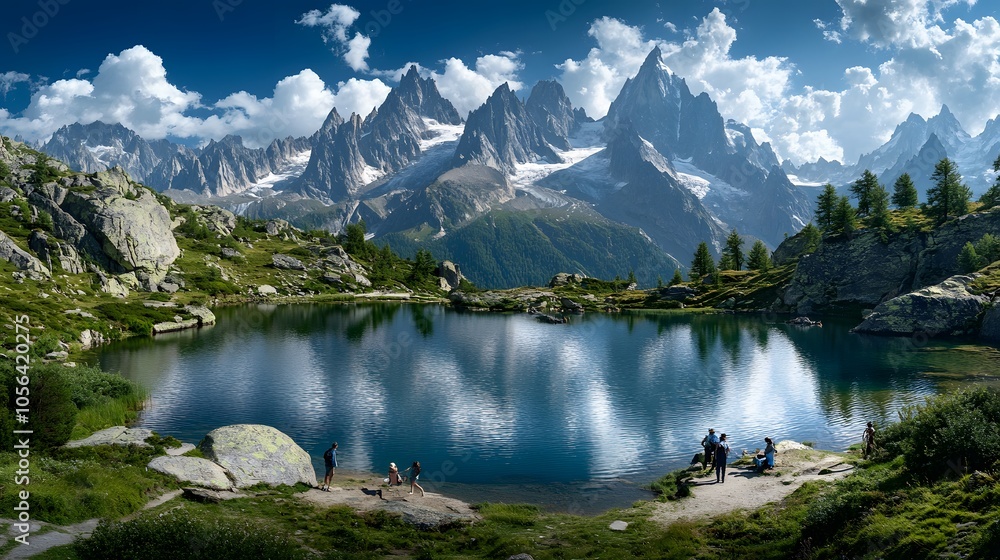 Naklejka premium Amazing view on Monte Bianco mountains range with tourist on a foreground. Lac de Cheserys lake, Chamonix, Graian Alps. Landscape photography.