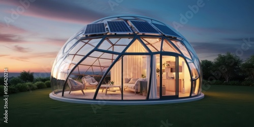 Futuristic geodesic dome house, transparent glass walls, cozy interior lighting, lush green surroundings, sunset sky, modern architecture, eco-friendly design, solar panels, curved structure, sustaina