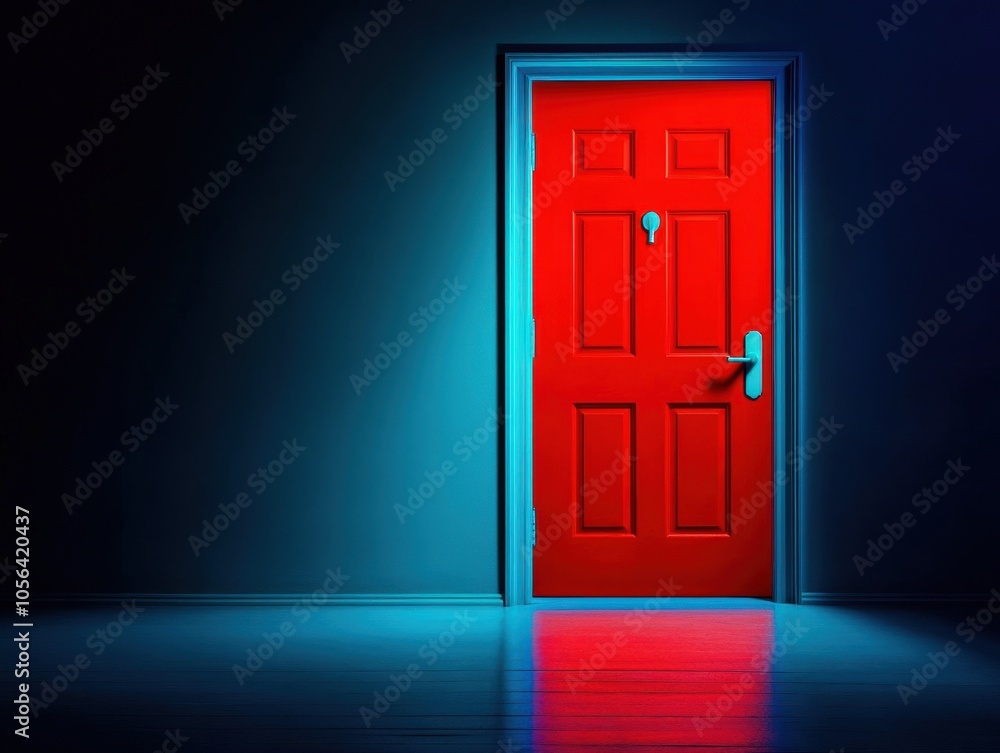 A striking red door illuminated in blue tones, standing alone in a dark room, creating a sense of mystery and intrigue. A striking red door illuminated in blue tones, standing alone in a dark room, creating a sense of mystery and intrigue.
