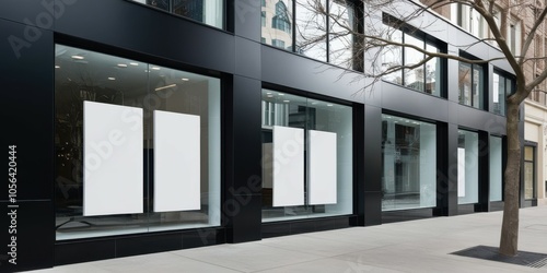 Modern glass storefront, minimalist architecture, empty retail space, reflective windows, black metal framing, urban setting, clean lines, commercial property, street view, transparent facade, contemp photo