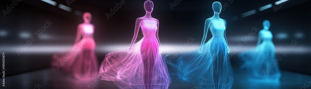 A stunning display of holographic silhouettes showcasing elegant dresses in vibrant colors, set in a futuristic environment. A stunning display of holographic silhouettes showcasing elegant dresses in vibrant colors, set in a futuristic environment.