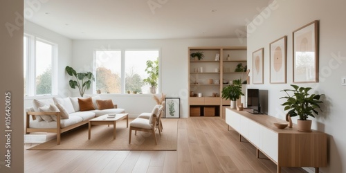 Scandinavian minimalist living room, bright natural light, large windows, wooden floors, white walls, neutral color palette, dining table, modern chairs, houseplants, built-in shelving, cozy seating a