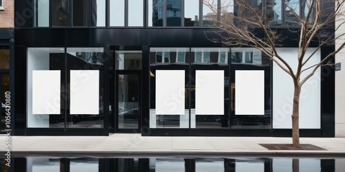 Modern glass storefront, minimalist architecture, empty retail space, reflective windows, black metal framing, urban setting, clean lines, commercial property, street view, transparent facade, contemp photo