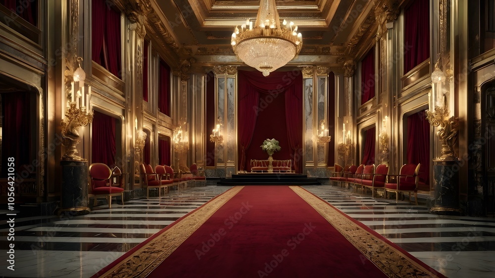 Obraz premium Grand Palace Entrance with Red Carpet, Golden Ropes, and Majestic Chandelier in Luxurious Setting