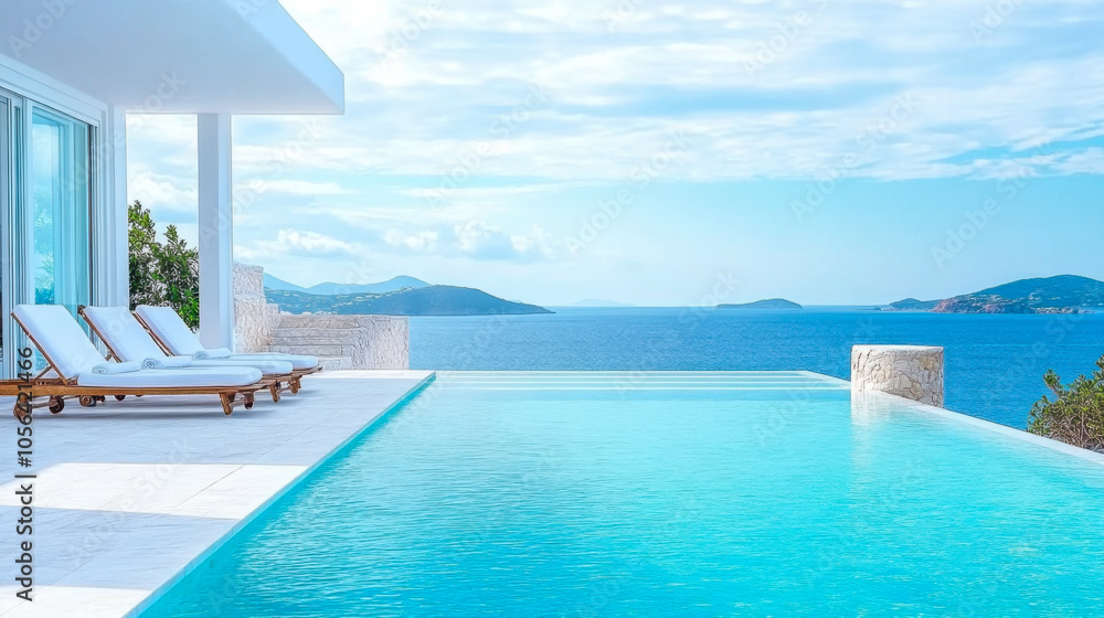 Fototapeta premium Terrace in villa with swimming pool clear blue water with stunning sea view and sky