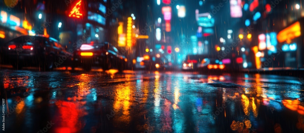 Reflective city street with blurry lights and rain. Reflective city street with blurry lights and rain.