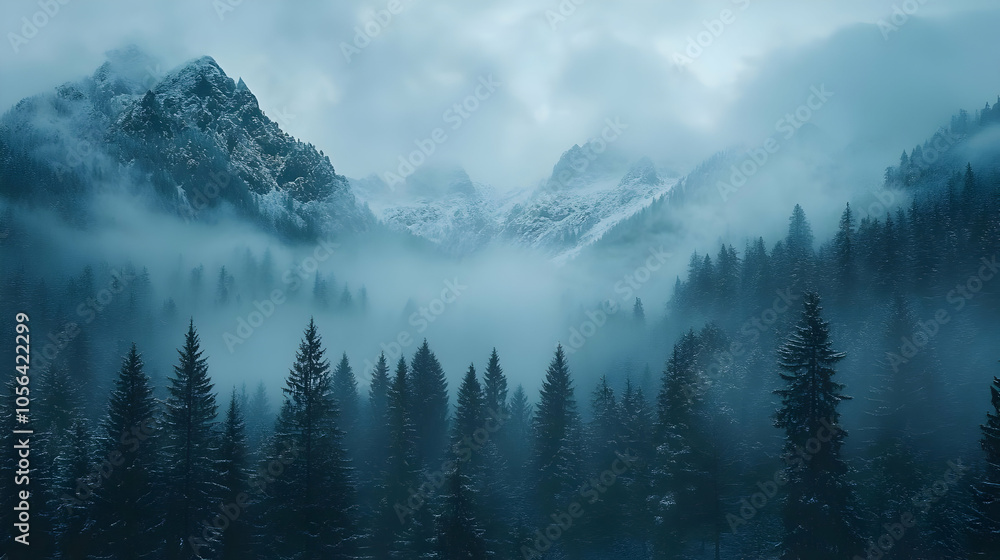 Fototapeta premium Misty Mountain Forest Landscape - Winter Scene
