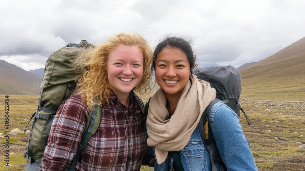 Adventurous women smiling in scenic mountain landscape, showcasing their distinct appearances and hiking gear. Their joyful expressions reflect excitement of exploration Adventurous women smiling in scenic mountain landscape, showcasing their distinct appearances and hiking gear. Their joyful expressions reflect excitement of exploration