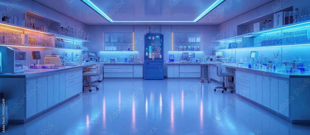 Modern laboratory with white cabinets, blue lighting, and equipment. Modern laboratory with white cabinets, blue lighting, and equipment.