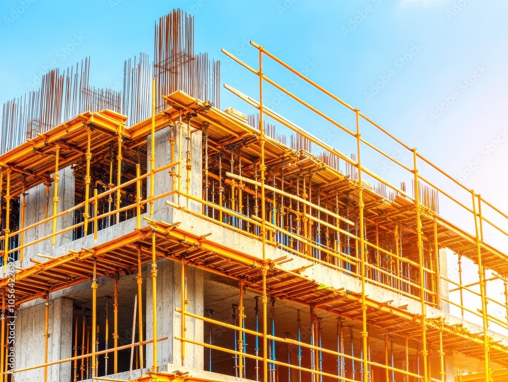 A vibrant construction site showcasing scaffolding and concrete structures against a clear blue sky, symbolizing urban development. A vibrant construction site showcasing scaffolding and concrete structures against a clear blue sky, symbolizing urban development.