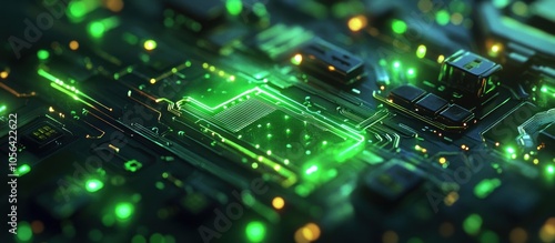 A close up of a computer chip with glowing green lights and complex circuitry.