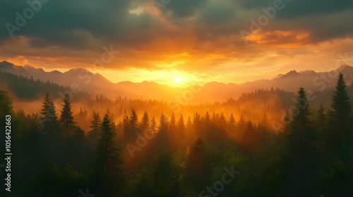 Golden Hour Sunrise Over Foggy Forest And Mountains Illustration