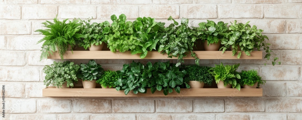 A vibrant display of indoor plants arranged on wooden shelves against a textured wall, enhancing home decor with natural beauty. A vibrant display of indoor plants arranged on wooden shelves against a textured wall, enhancing home decor with natural beauty.
