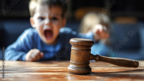 Judge's gavel, child in background, blurred, legal custody battle concept generative ai