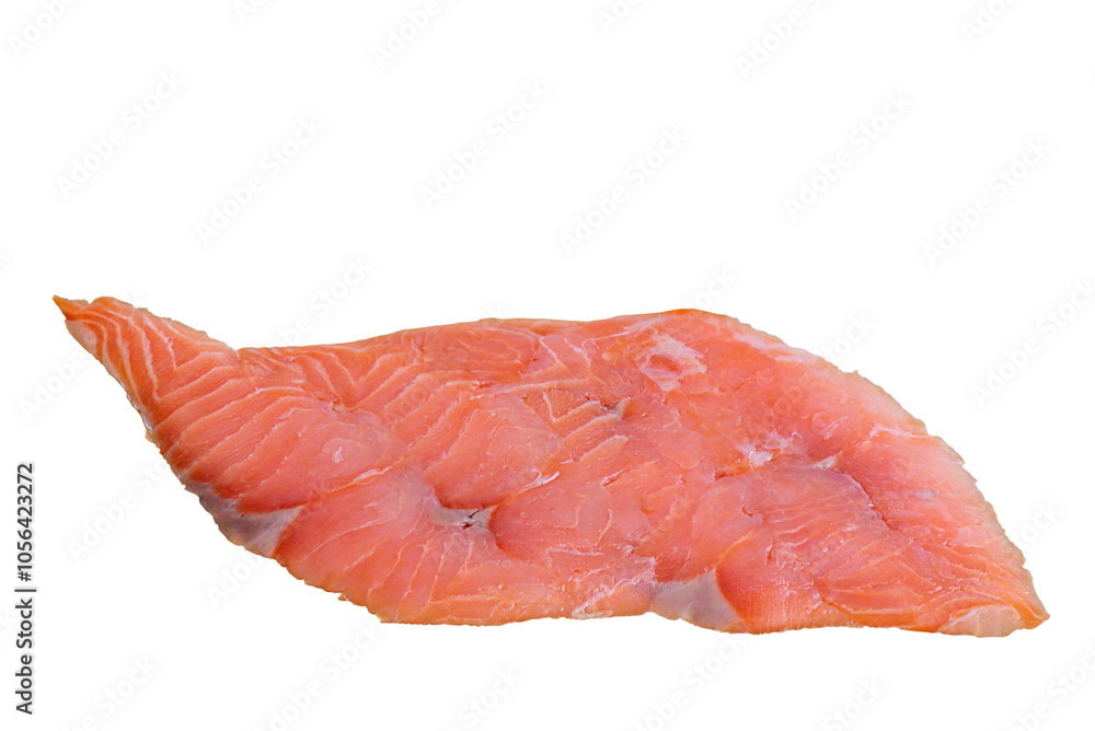 Thin slice of low-salt salmon fillet isolated. Red fish, food Thin slice of low-salt salmon fillet isolated. Red fish, food