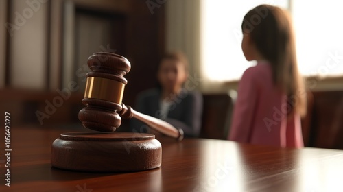 Judge's gavel on a desk, blurred child in background, representation of custody hearing generative ai